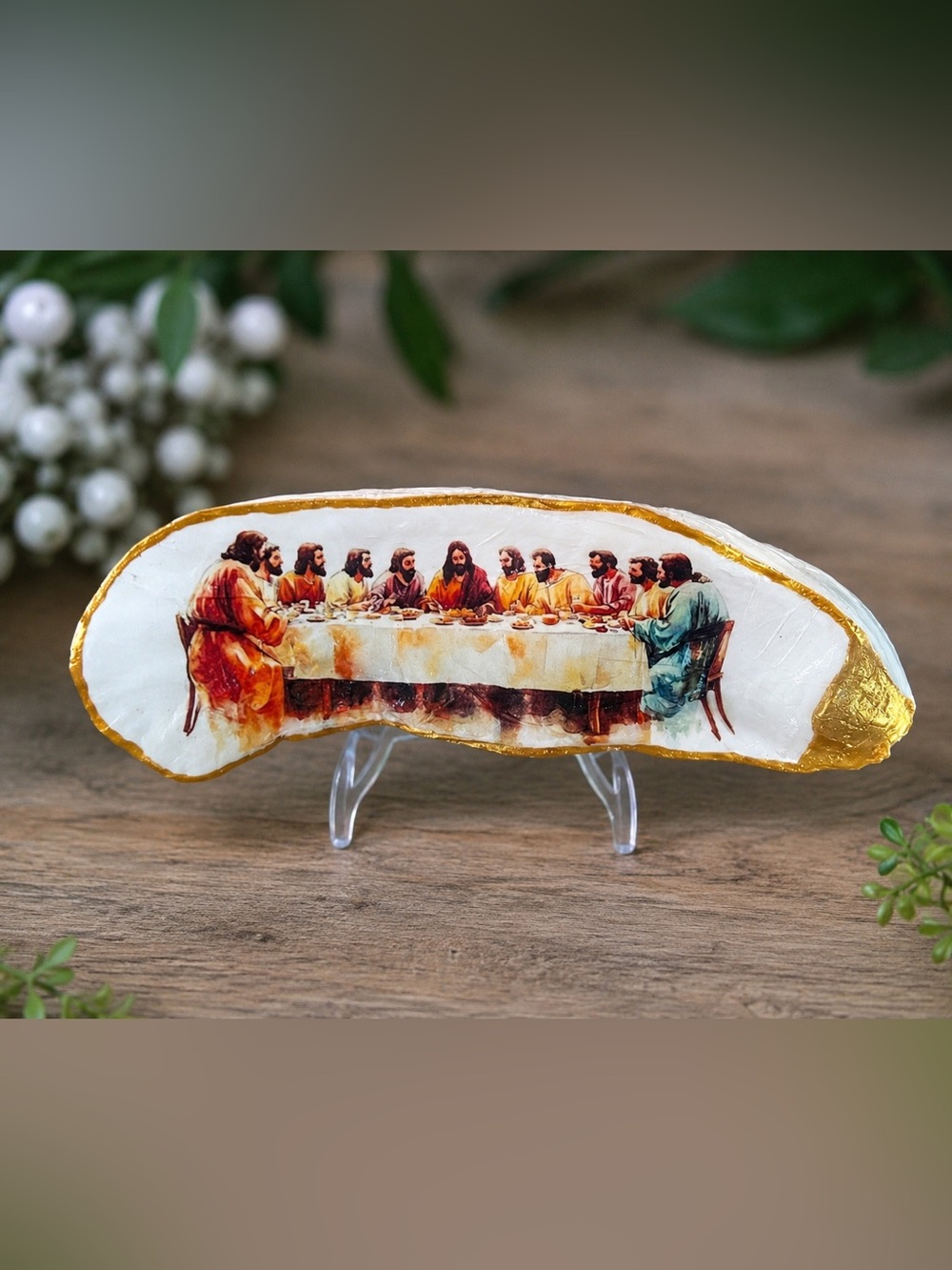 The Last Supper Decoupage Oyster Shell Trinket Dish | 7” x 2” Gold Trimmed Shell